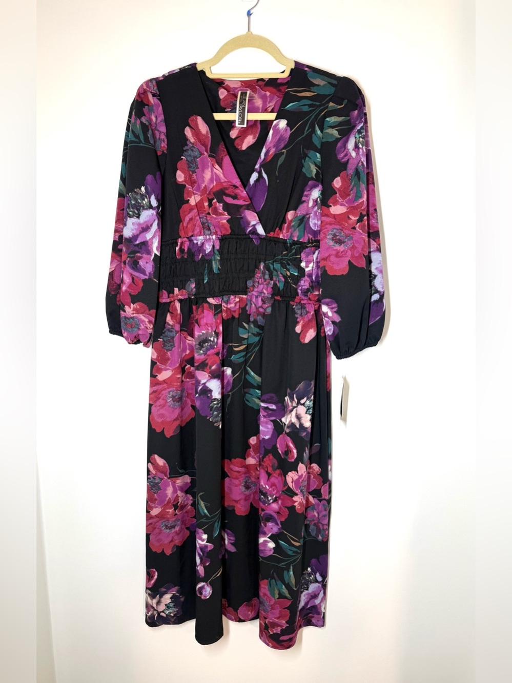 Julian Taylor Black Midi Dress Pink & Purple Floral Print Brunch Career Wear NWT